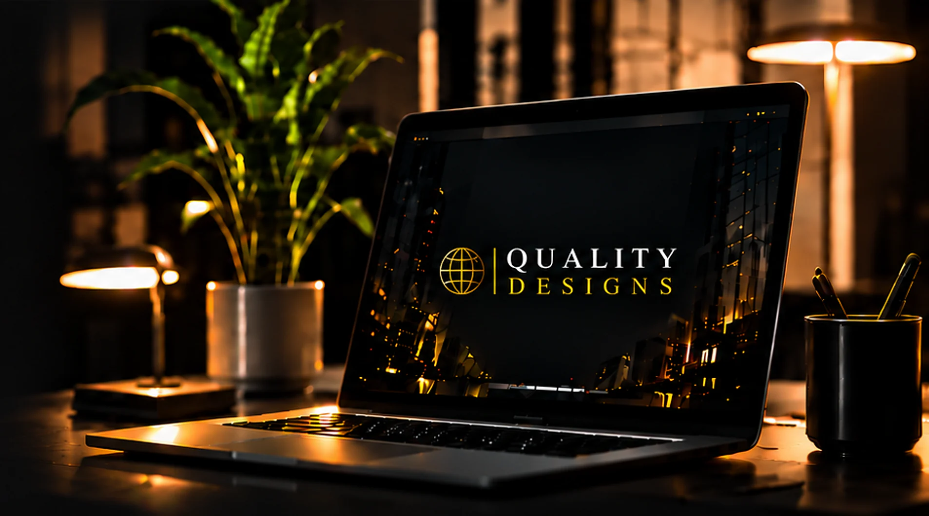 A laptop with “Quality Designs” on its screen, on a lamp-lit desk at night